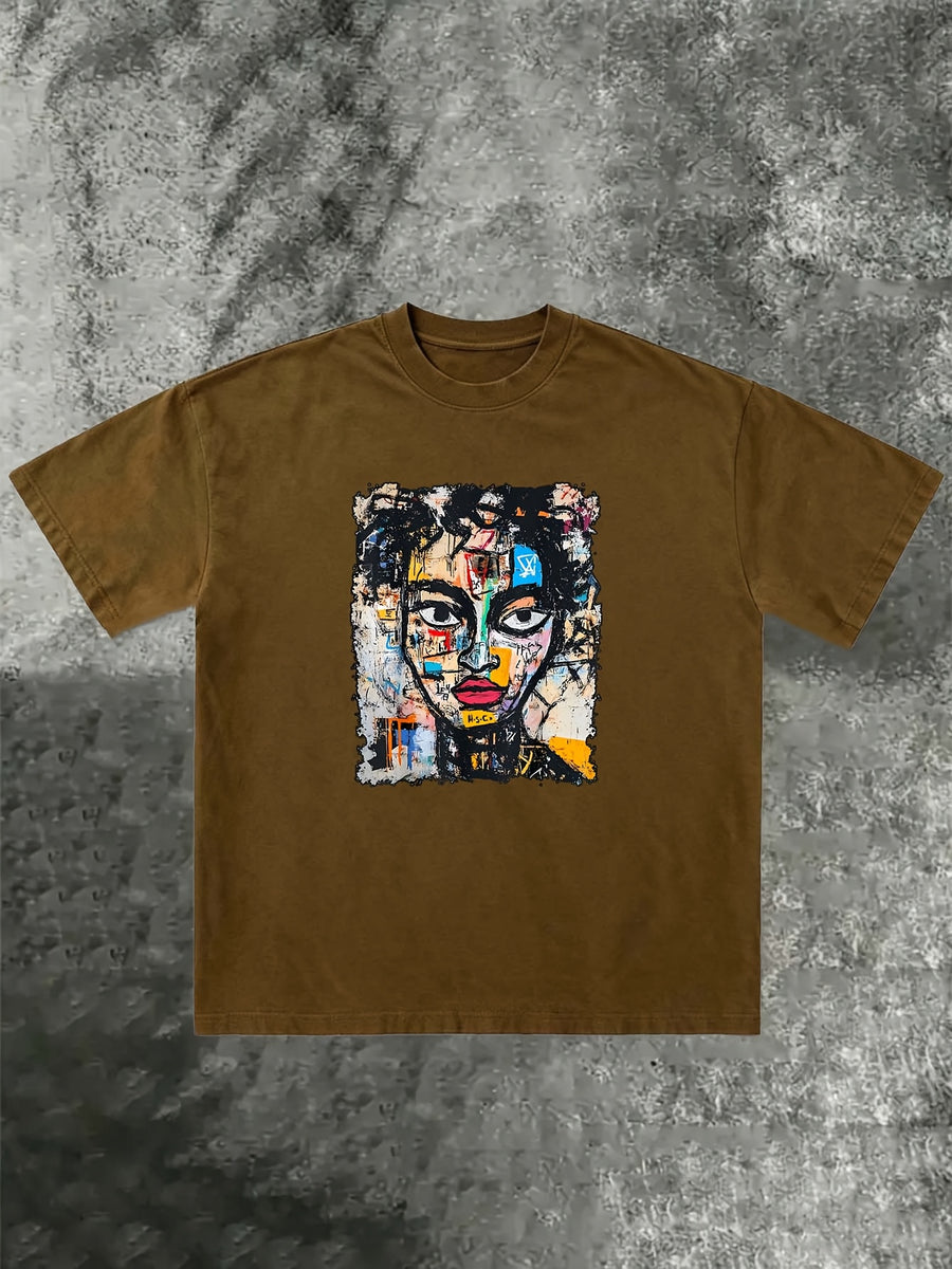 1990S Art Style Abstract Graffiti T-Shirt, Unisex, Men'S Soft Round Neck Pure T-Shirt, Street Trendy Casual Half Sleeve Top, Summer Casual Commuting - 【Brown】