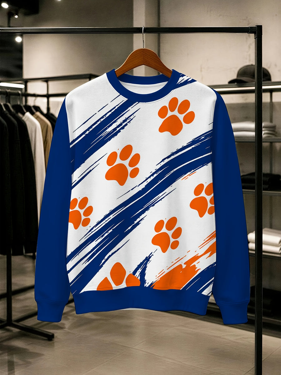 (Print Design - Not Textured) Men'S Round Neck Sweatshirt Blue White Color Block Print Sport Casual Trendy Top for Spring/Autumn Daily Wear Fashion Pullover Random Print - Mixed colors