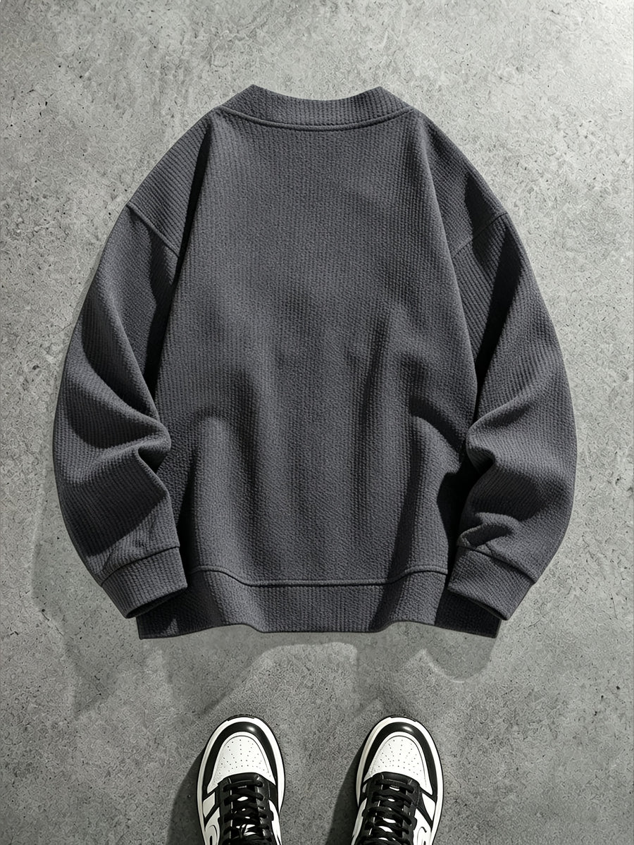 Spring/Autumn New Men's Solid Color V-Neck Zipper Knit Cardigan Jacket, Versatile Top for Commuting, Daily Wear, and Casual Occasions, Simple, Loose-Fitting, Skin-Friendly, and Soft, Couple's Knit Outerwear - Grey