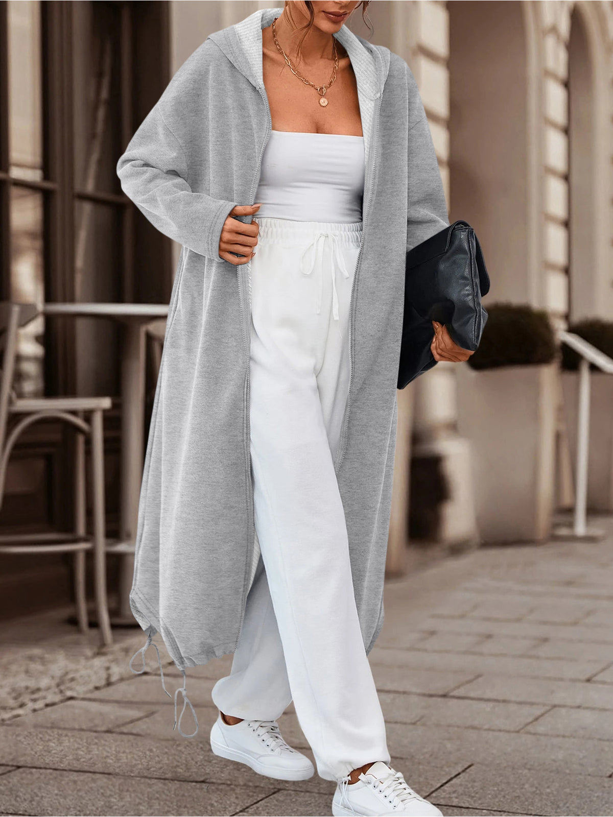 Women's Slightly Elastic Long Hooded Zip - Up Jacket for Autumn Winter, Solid Color. Long hooded style with zip, slightly elastic fabric is soft. Drawstring hem adds a trendy touch, warm and practical, great for casual looks - Grey