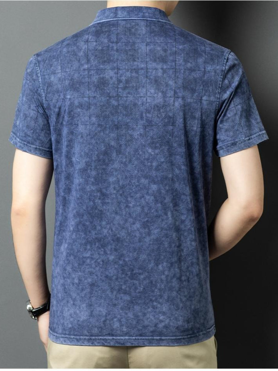 Washed Distressed Denim Texture Polo Shirt, Breathable Sweat-Absorbent Men'S Business Casual Summer Top, Sweat-Resistant - Navy Color