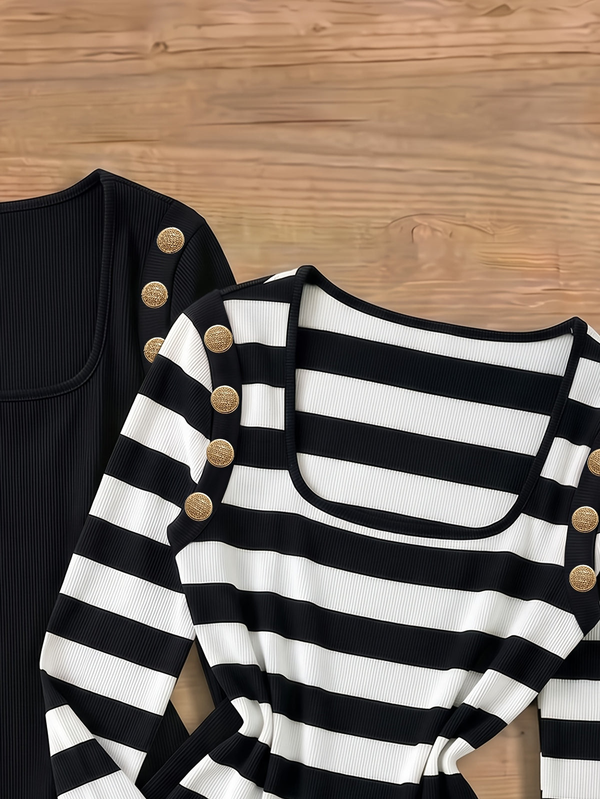 Spring/Autumn 2pcs Set, New Casual Versatile Long-Sleeve Bodysuit for Women, Square Neck Solid Color + Striped Top, Daily Slim-Fit Bodycon Base Layer Shirt - Black+Black And White Stripes