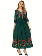 Bohemian Style Women'S Floral Embroidered Maxi Dress - V-Neck, 3/4 Sleeve, Elastic High Waist, Slight Flare Skirt, Ideal for Wedding Guests, Vacation, And Casual Wear - Dark Green