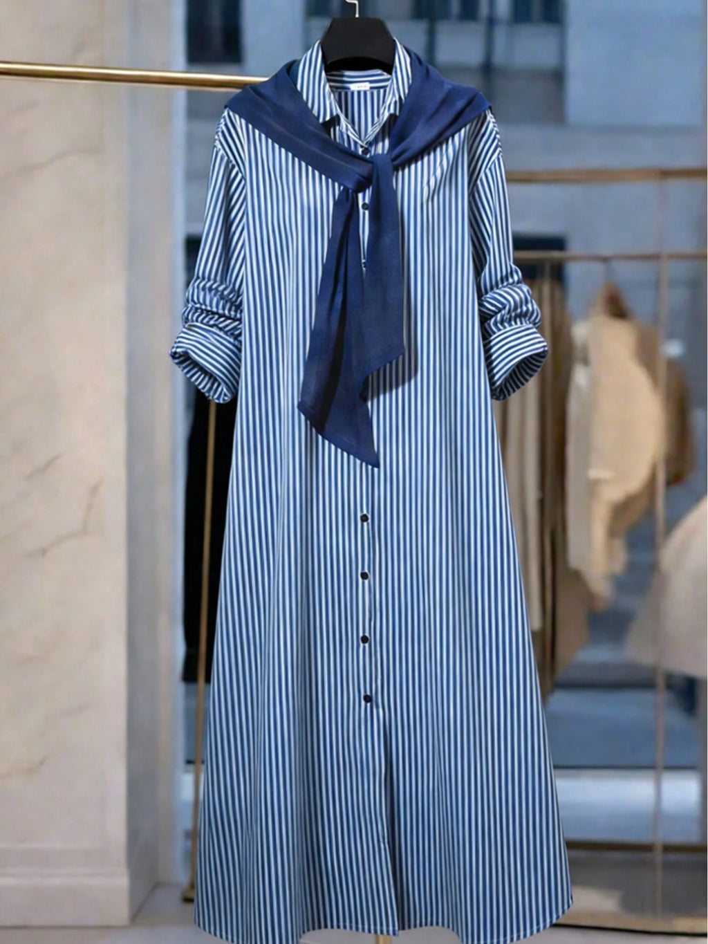 Zd260320142This New Women'S Fashion Blue And White Striped Long-Sleeved Shirt Dress Features a Two-In-One Button Design, a Loose Korean Style, And Is Versatile for Everyday Wear, Commuting, And Work - Blue