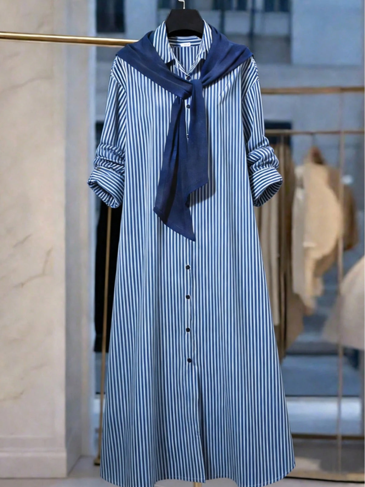 Zd260320142This New Women'S Fashion Blue And White Striped Long-Sleeved Shirt Dress Features a Two-In-One Button Design, a Loose Korean Style, And Is Versatile for Everyday Wear, Commuting, And Work - Blue
