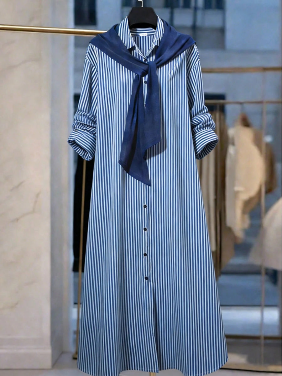 Zd260320142This New Women'S Fashion Blue And White Striped Long-Sleeved Shirt Dress Features a Two-In-One Button Design, a Loose Korean Style, And Is Versatile for Everyday Wear, Commuting, And Work - Blue