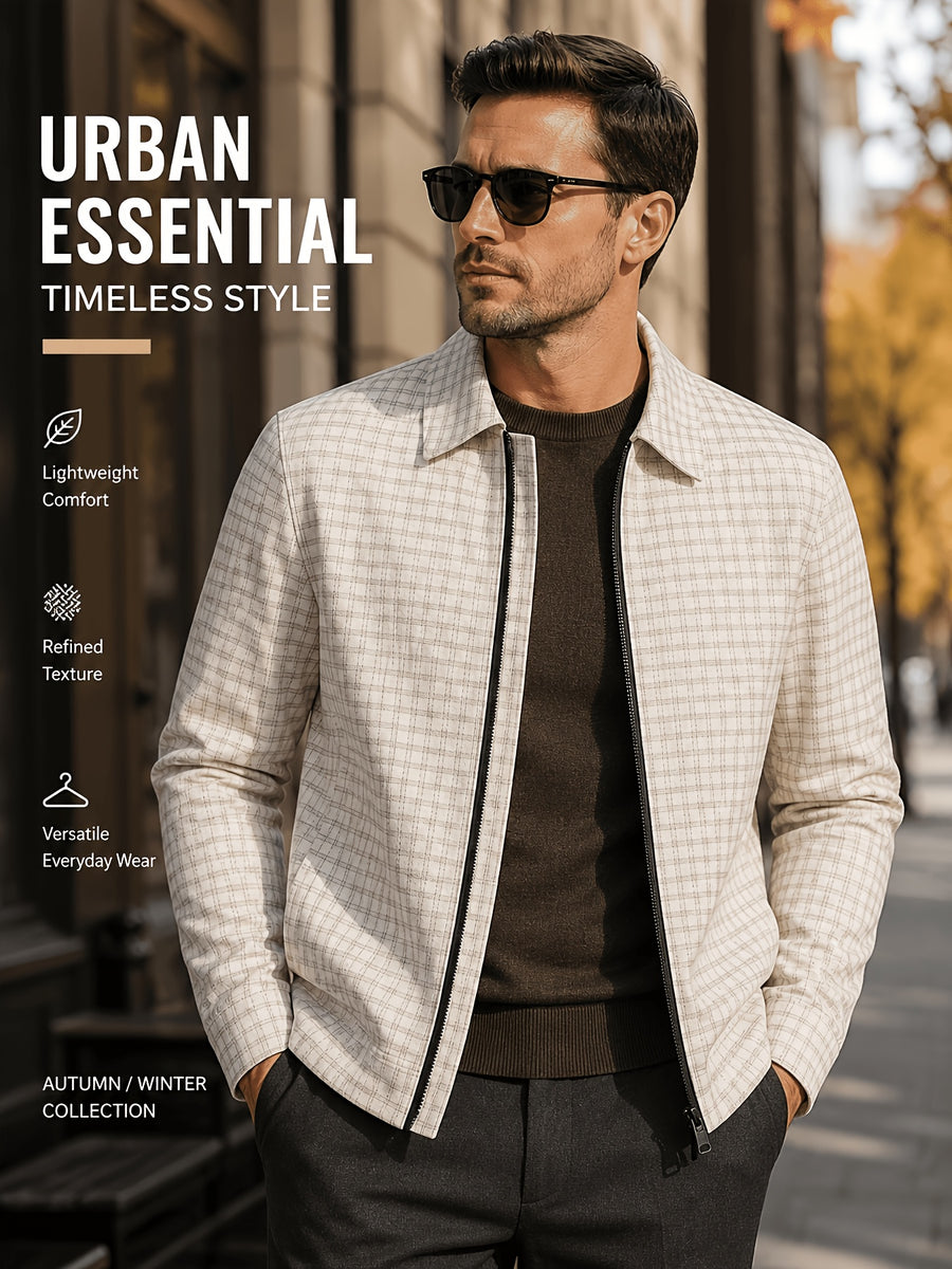 Men'S Lightweight Casual Lapel Full-Zip Jacket, Striped Checkered Soft Comfortable, Suitable for Daily, Outdoor, Travel And Business Casual Occasions - White