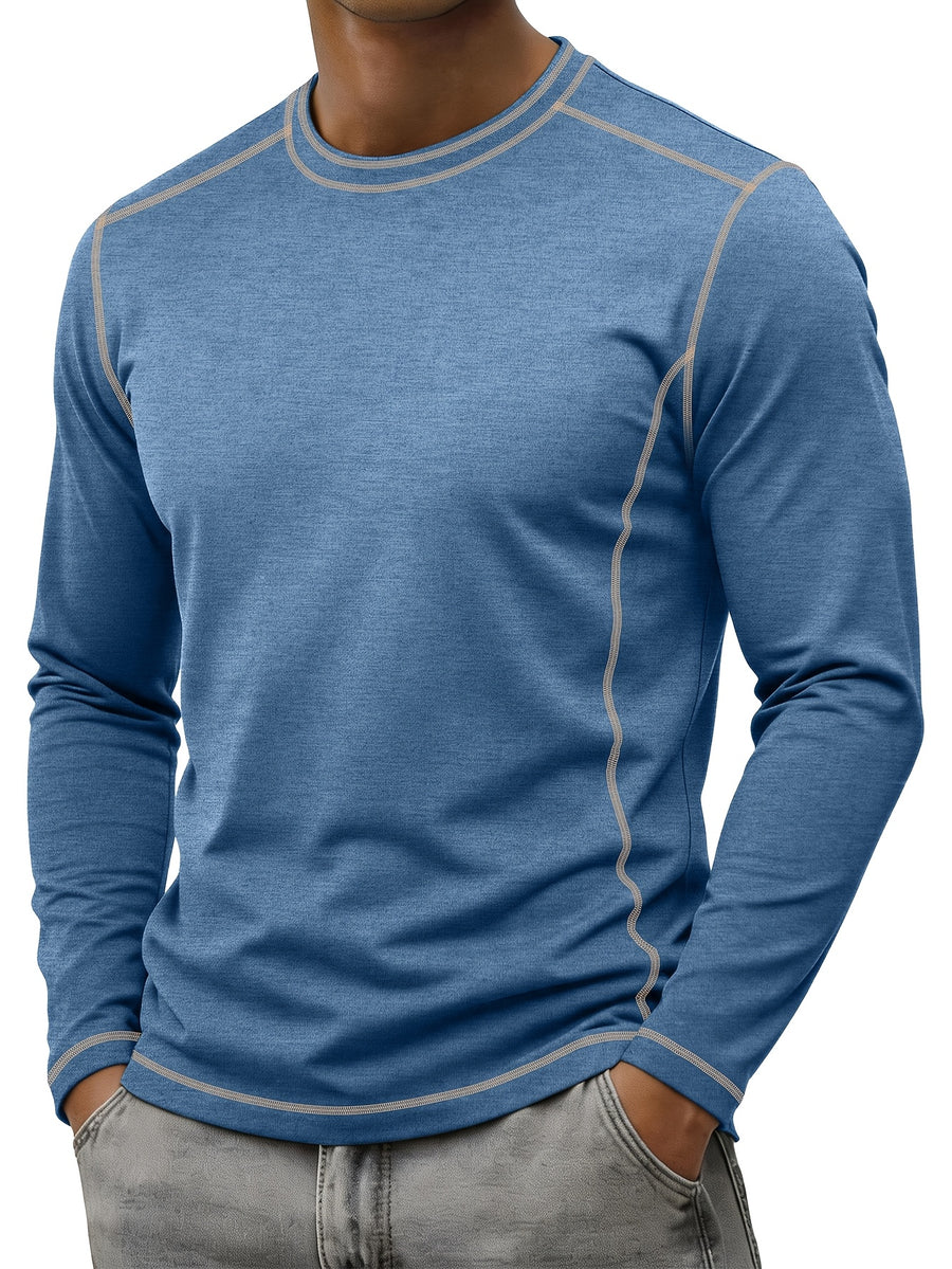 Men's Retro Patchwork T-Shirt - Solid Color Base with Contrast Patch Suitable for Fall/Winter, Round Neck Long Sleeve Casual Layering Top, Machine Washable Blending Shirt for Outdoor & Casual Attire (Regular Fit) - Blue