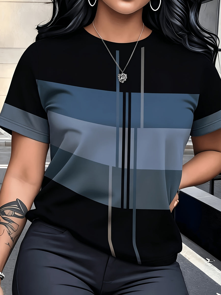 Women'S Summer Fashion Round Neck T-Shirt with Textured Geometric Short Sleeves, Color Block, Line Pattern, Vintage Style Casual Top - Color Mixing 1