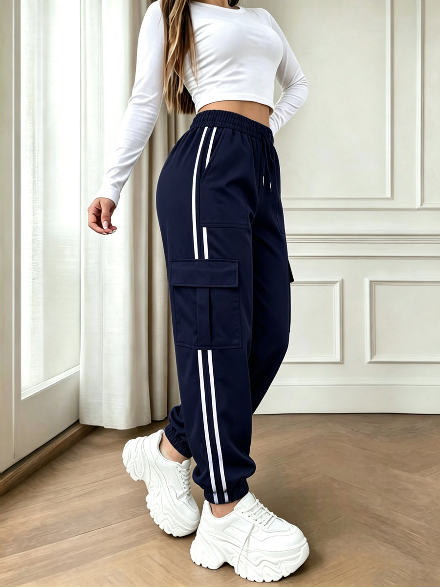 2026 New Striped Drawstring Elastic Waist Sporty Casual Women's Cargo Pants - Deep Blue
