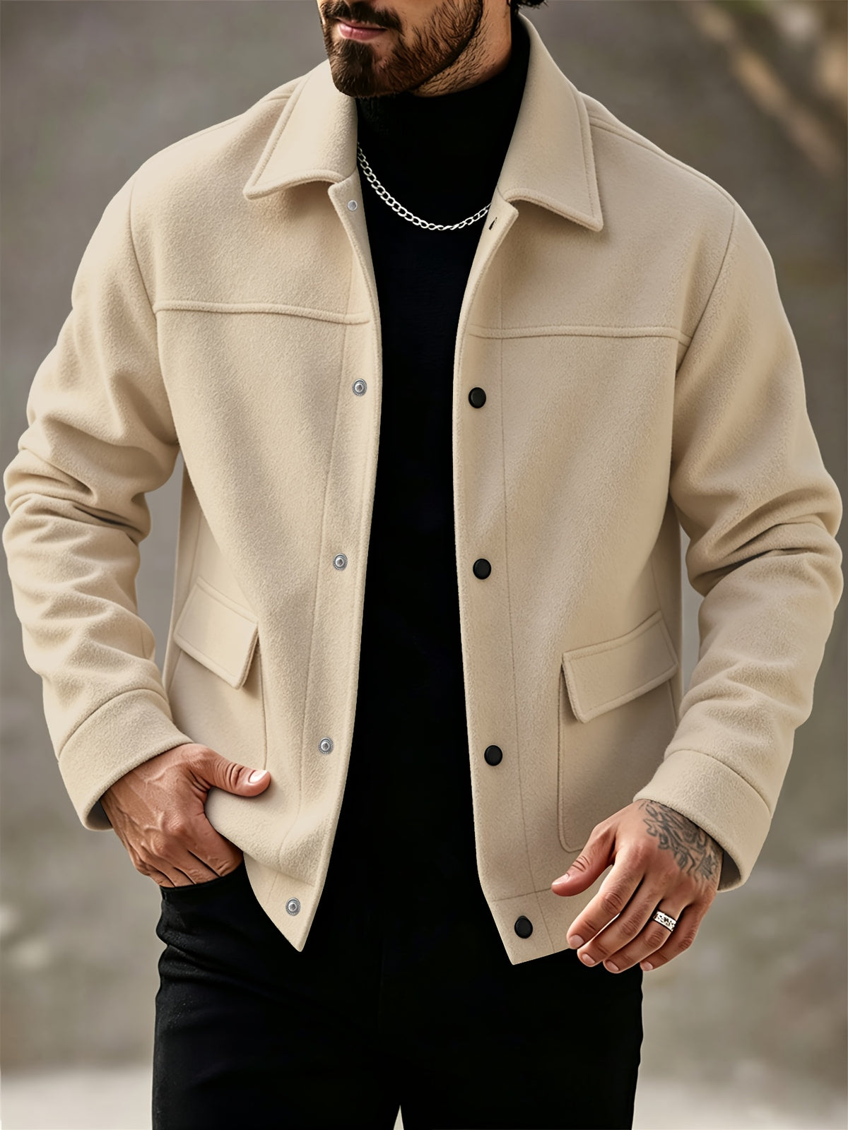 Men's Autumn/Winter Outfit, Loose-Fit Thickened Workwear Jacket, Vintage Lapel Men's Coat - Apricot