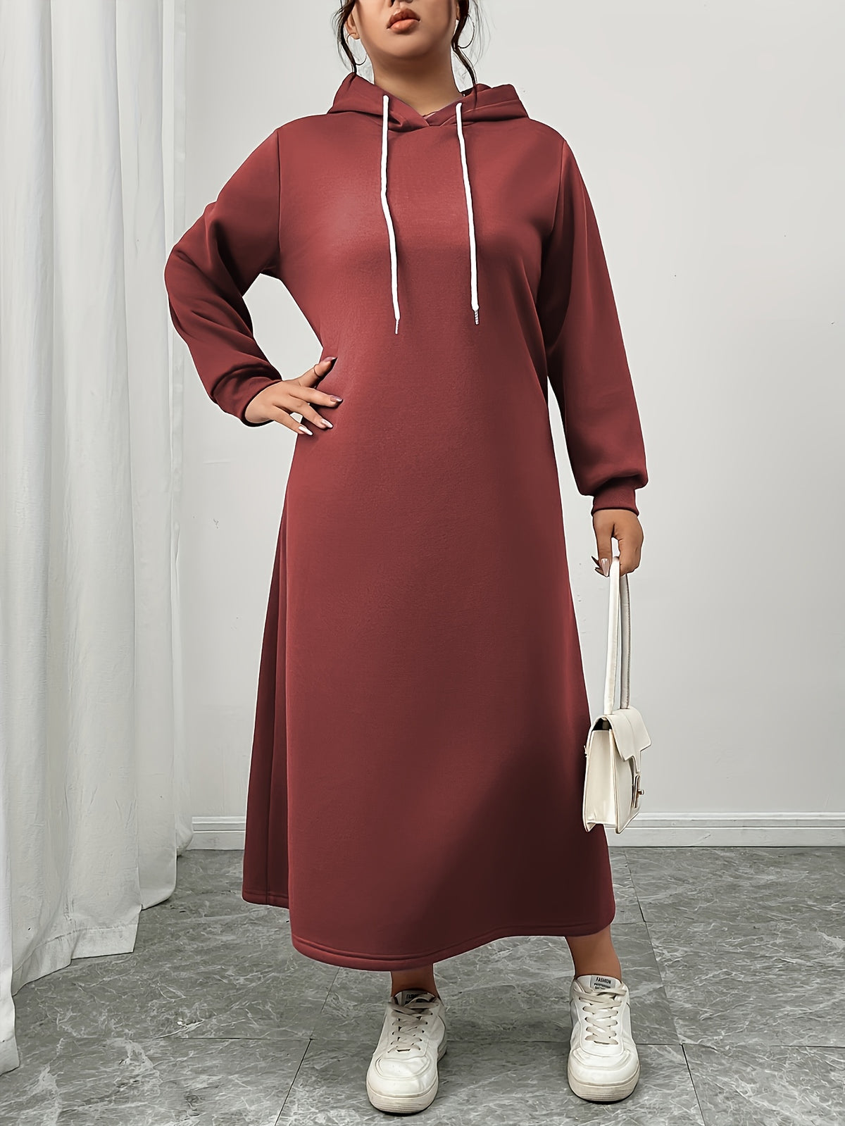 Plus Size - Women'S Autumn And Winter New Style Plus Velvet Thickened Sweatshirt Dress, Women'S Over-The-Knee Long Loose Hooded Dress - The color of rouge
