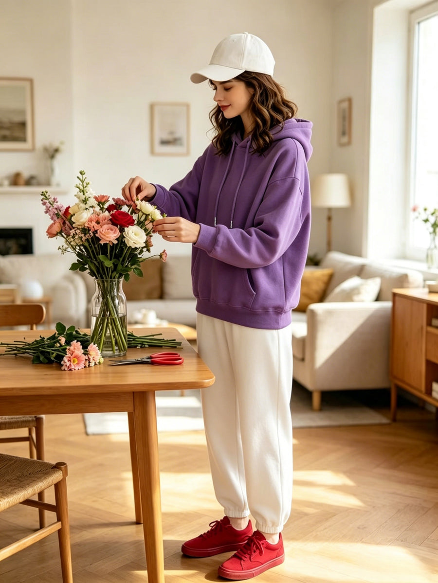 Lazy Style Loose Sweatshirt and Sweatpants Set, Long Sleeve Hooded Top and Jogger Pants, Daily Running Sportswear - Purple hoodie + white sweatpants