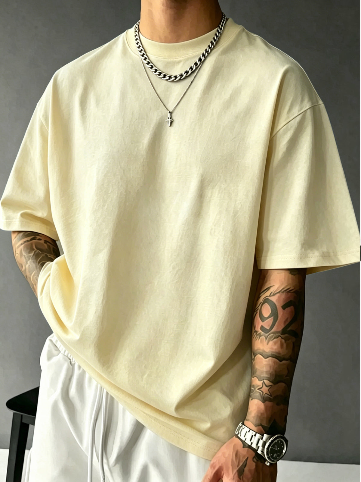 Men's 100% Pure Cotton T-Shirt, Ramen Wave Print, Comfortable, Soft, and Breathable, for Spring/Summer Casual Daily Wear - Apricot
