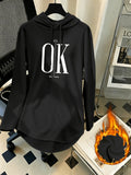 Women's Mid-Length Hooded Sweatshirt, Loose Fit, Hip-Covering, Letter Print, Drawstring Pullover Top - Black
