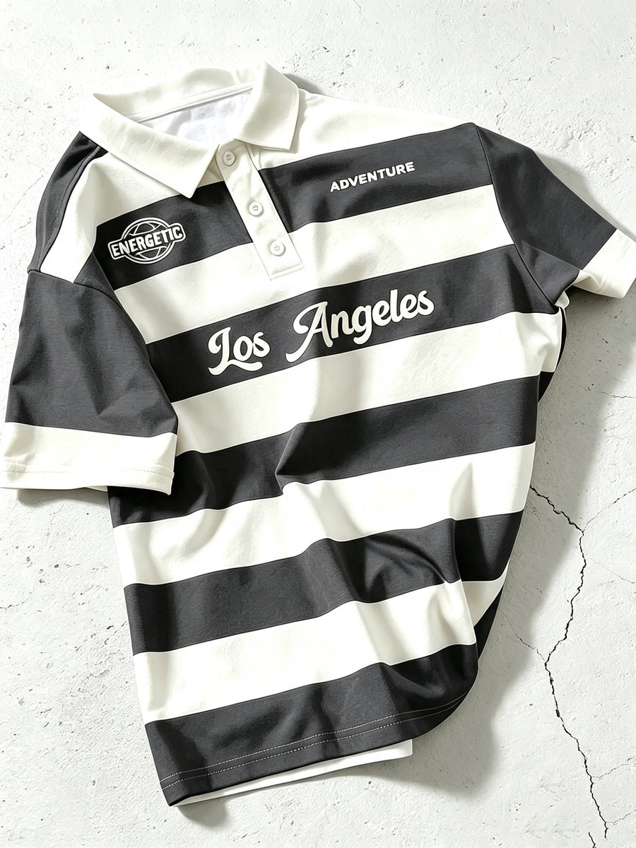 [Digital Print] Men'S Polo Shirt, Black And White Striped Print Short Sleeve Top, Lapel Style, American Casual Trendy Men'S Clothing, Multi-Color Selection - Mixed Color G