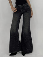 26AW Women'S Stretch Denim Jeans, Black Washed with Rhinestone Embellishment on Front Panel, Mid-Rise Slight Flared Fit, And Leg-Lengthening, Versatile Style - Black