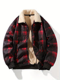 Men's New Autumn/Winter Jacket, Thickened and Warm Motorcycle Style with Lapel Design, Snap Button Closure and Ribbed Cuffs for Shrinkage Control, Contrast Color Plaid Fabric, Suitable for Outdoor and Home Wear in Autumn and Winter - Burgundy