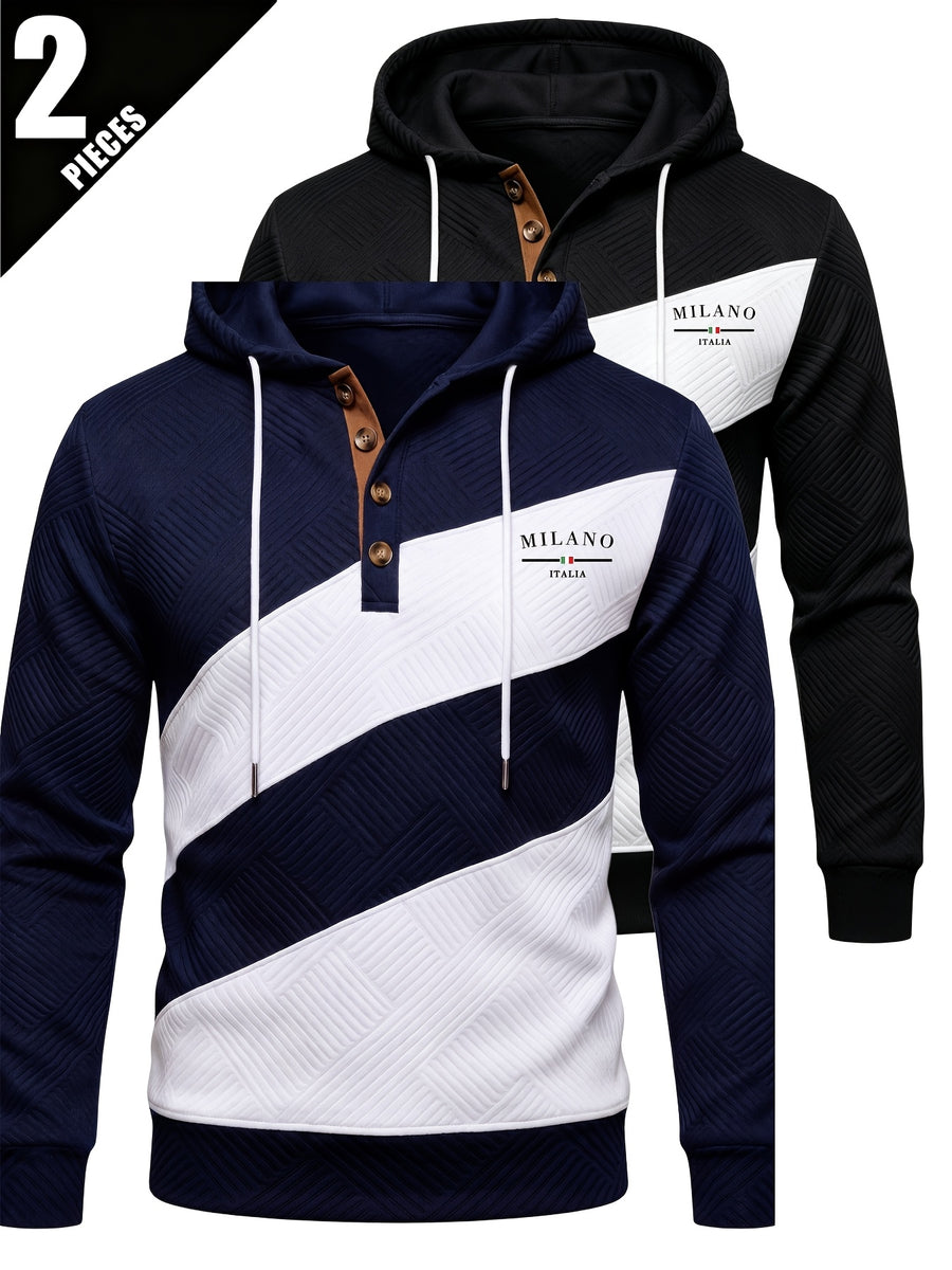 2pcs Men'S Patchwork Fashion Hoodie Set, Textured Color-Block Zipper Print Long Sleeve Hoodie, Regular Fit Street Casual Daily Outing - Black+Navy Blue