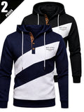 2pcs Men'S Patchwork Fashion Hoodie Set, Textured Color-Block Zipper Print Long Sleeve Hoodie, Regular Fit Street Casual Daily Outing - Black+Navy Blue