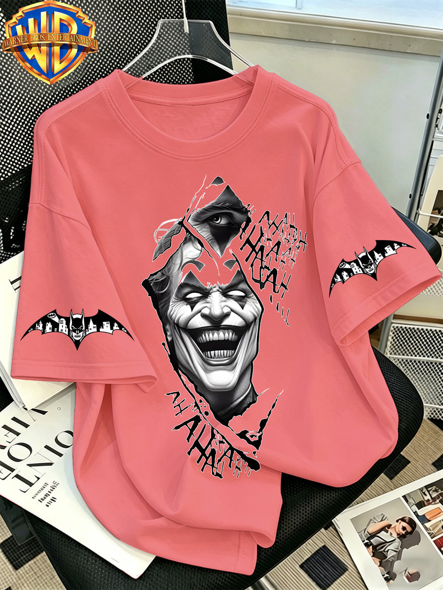Official WB. Men's Short-sleeve T-shirt with Fun Cartoon Print, Joker Black and White Torn Cartoon Print, Crew Neck Top. Suitable for Men's Casual Summer Daily Commutes, Home, and Office Wear - Watermelon Red