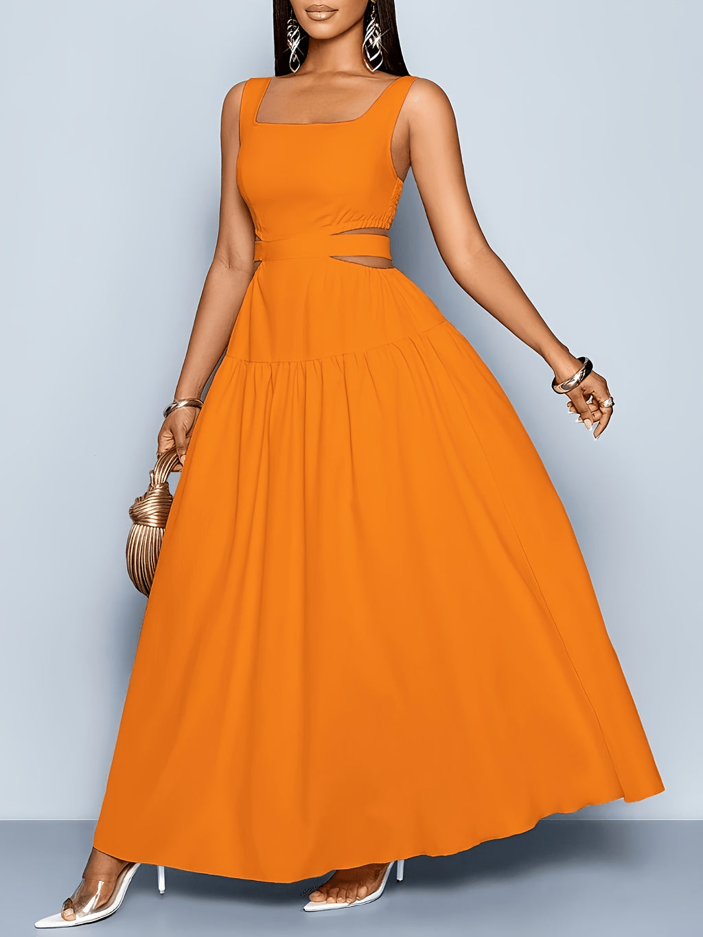 Women'S Elegant Square Neckline, Openwork Waist, Tie And Suspender Dress; Hawaiian Pleated Backless A-Line Skirt; Women'S Spring/Summer Dress; Elegant for Commuting, Casual Wear, Romantic Dates, Bridesmaid Dress - Coral