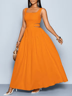 Women'S Elegant Square Neckline, Openwork Waist, Tie And Suspender Dress; Hawaiian Pleated Backless A-Line Skirt; Women'S Spring/Summer Dress; Elegant for Commuting, Casual Wear, Romantic Dates, Bridesmaid Dress - Coral
