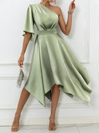 Women's Elegant One-Shoulder Asymmetrical -Line Dress with Irregular Hem - Suitable for Weddings, Parties & Proms, Machine Washable Solid Color Evening Gown, Year-Round Versatile Formal Dress - Matcha Color