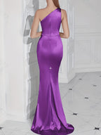 AB18A# Single Shoulder Elegant Bodycon Dress, Elegant Long Gown, Women'S Clothing, Solid Color Dress, Evening And Party Gathering Gown - Purple
