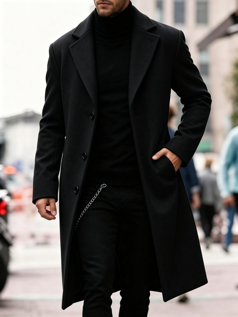 Men's Long Tweed Overcoat, European and American Style Suit Lapel Single-Breasted Slim Fit Blend Coat, Autumn/Winter Windproof and Warm Business Men's Wear, Multiple Colors Available, 100% Polyester - Black