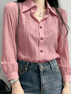 Solid Color Shirt Women'S French Long Sleeve Blouse Jacket Autumn Winter Thin Women'S Clothing Design-Oriented Shirt Top - pink color