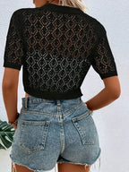 Short Cropped Lace Button Cardigan for Women - Black