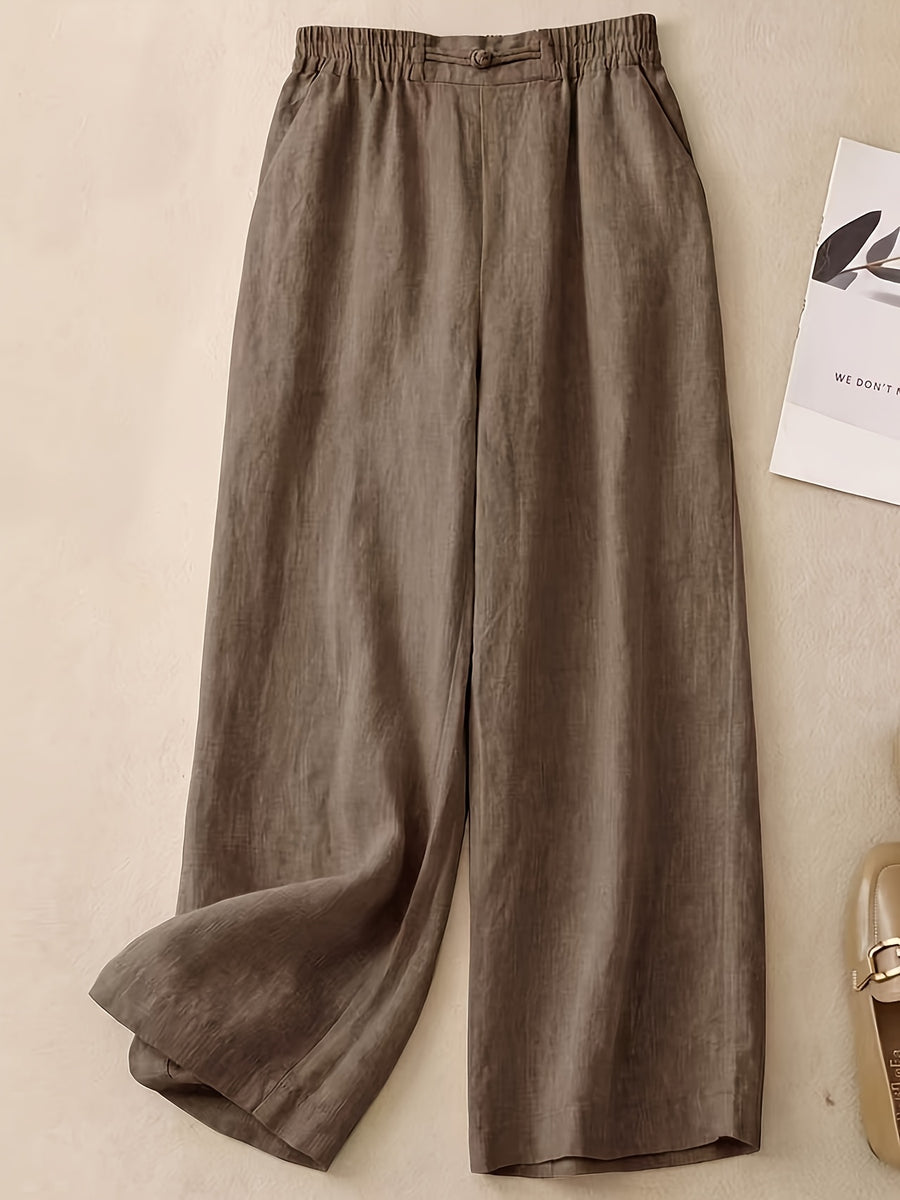 Women's Straight-Leg Ankle Pants with Button Closure & Detail - Loose-Fit Trousers Suitable for Seasons, Solid Color Casual to Dressy Wear, Machine Washable Non-Stretch Pants for Office, Everyday Outfits - Khaki