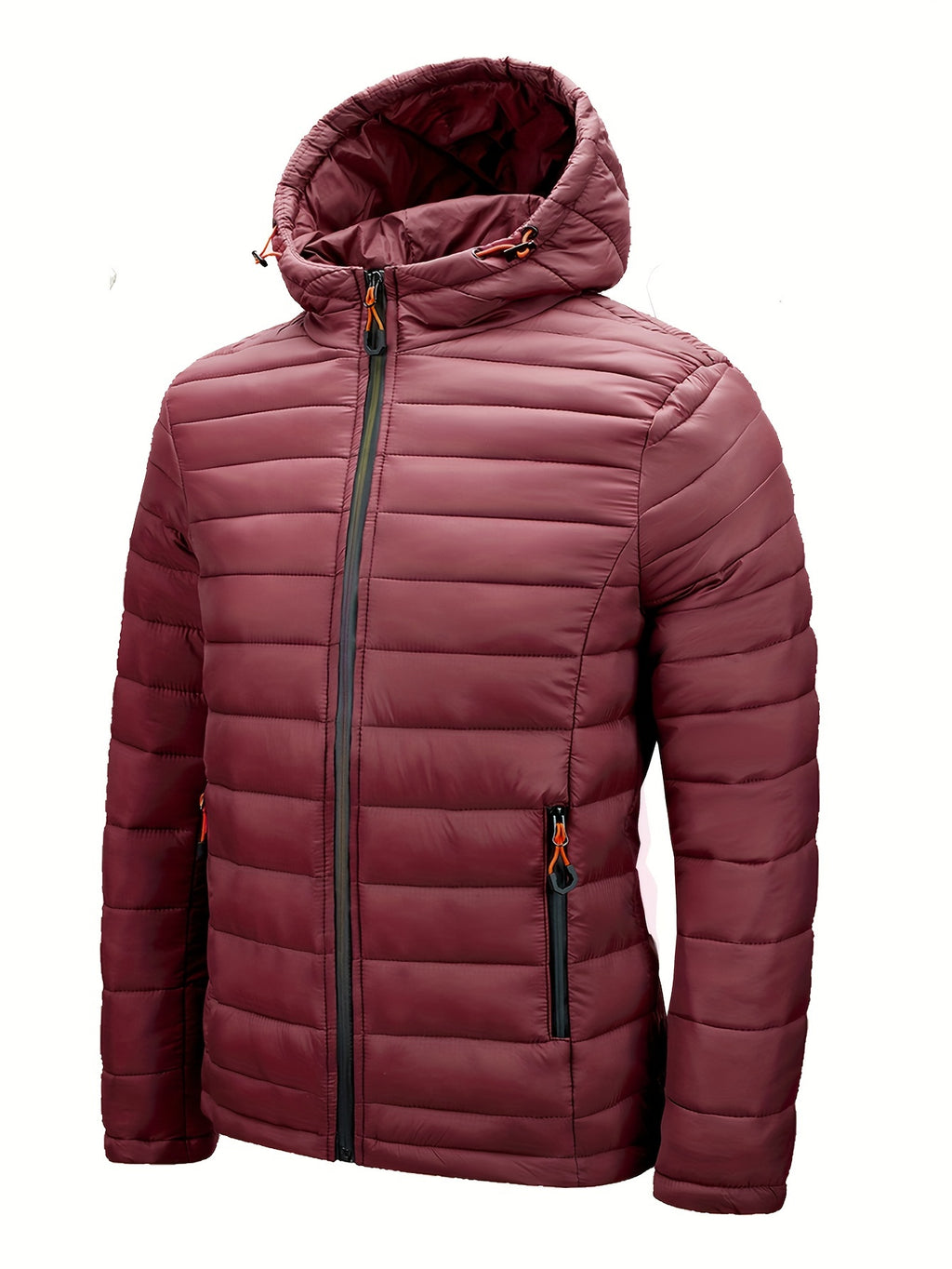 Men's Winter Padded Coat, Hooded Padded Top, Warm Quilted Jacket with Colorful Zipper Pockets - Deep Red