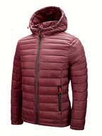 Men's Winter Padded Coat, Hooded Padded Top, Warm Quilted Jacket with Colorful Zipper Pockets - Deep Red