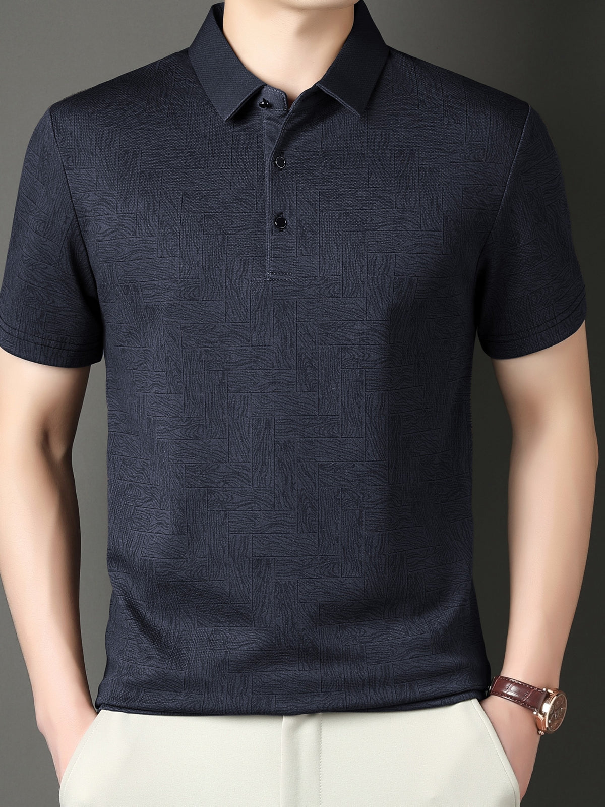 New Summer Men's Geometric Mahjong Tile Short-Sleeve Shirt, Men's Business Casual Fashion Lapel Pullover Executive Top - Navy Color
