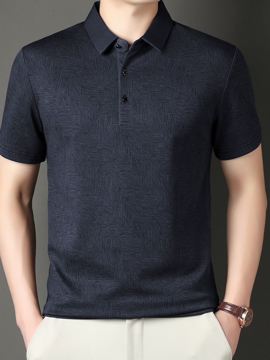 New Summer Men's Geometric Mahjong Tile Short-Sleeve Shirt, Men's Business Casual Fashion Lapel Pullover Executive Top - Navy Color