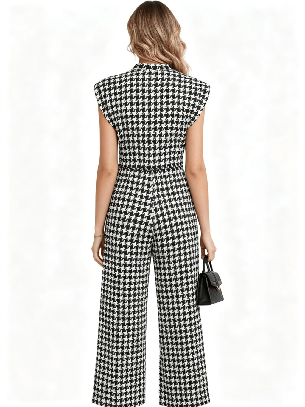 Women'S Fashion Printed Jumpsuit, Round Neck Design, Trendy Casual, Suitable for Spring Summer Fall, Zipper Style, Ideal for Casual Wear - Black