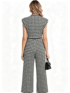 Women'S Fashion Printed Jumpsuit, Round Neck Design, Trendy Casual, Suitable for Spring Summer Fall, Zipper Style, Ideal for Casual Wear - Black