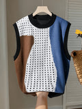 Men's Color-Block Openwork Crew Neck Casual Knit Vest, Openwork Knit Tank Top, Breathable Lightweight Mesh Fishnet Crochet Sleeveless Top for Casual Wear - 【Multi Color】