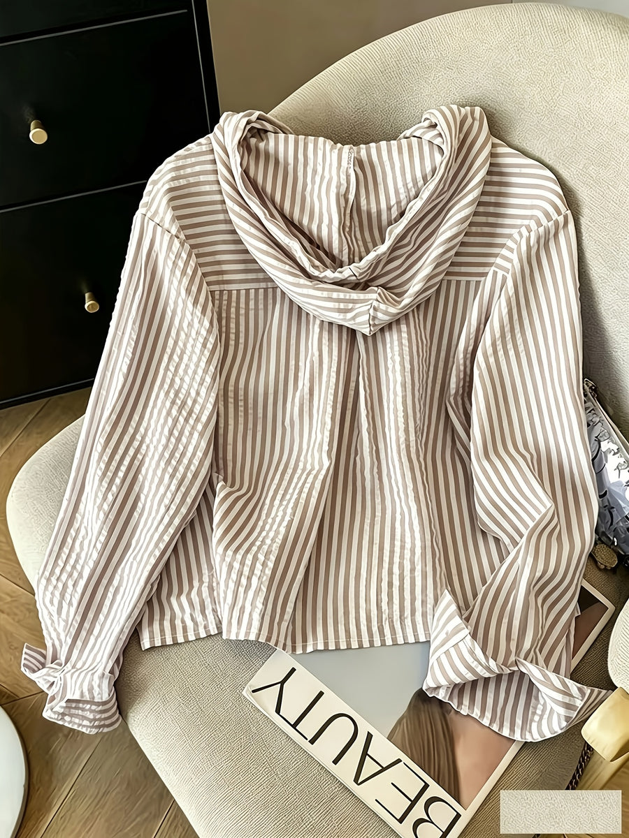 Relaxed Fit Striped Hooded Cardigan - Khaki
