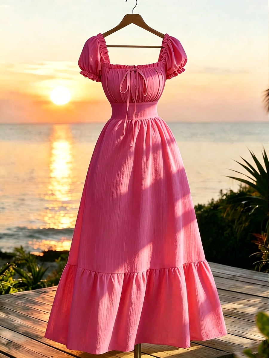 Elegant Dress Women'S Skirt Square Neck Puff Sleeve Tie-Up A-Line Long Dress Suitable for Outdoor Spring Summer Party Wedding Travel Zzy Spring Summer - Red