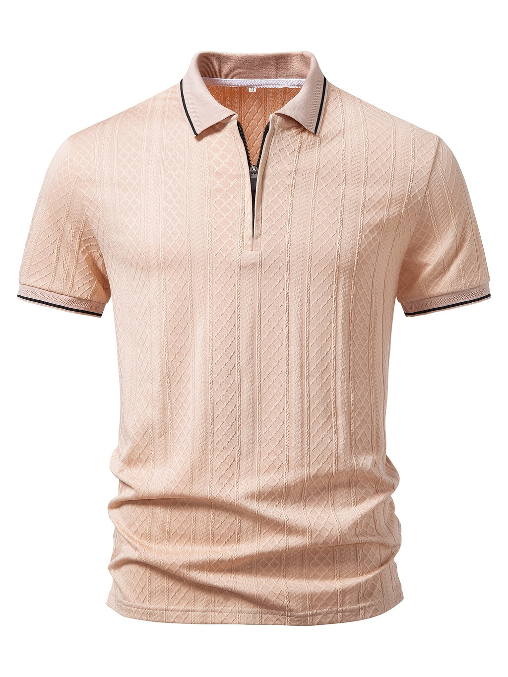 Joshmei OBM Men's Textured Jacquard Zipper Collar Polo Y Stretch T-Shirt Casual Style Polo Shirt - Khaki