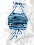 Women'S Vacation-Style Halter Crop Top with Colorful Geometric Stripes, Perfect for Summer Outings, Dates, And Everyday Wear - Royal Blue
