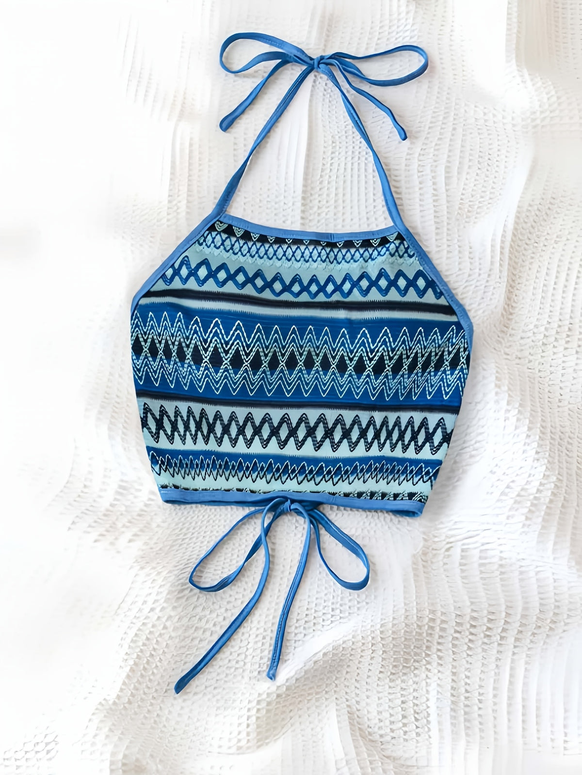 Women'S Vacation-Style Halter Crop Top with Colorful Geometric Stripes, Perfect for Summer Outings, Dates, And Everyday Wear - Royal Blue
