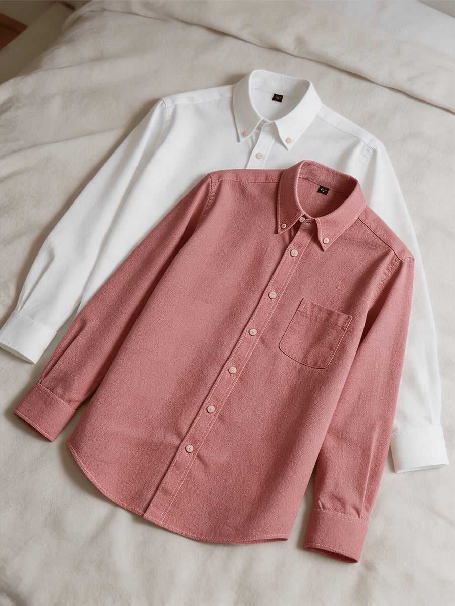 1+1 2pcs Classic Men's Oxford Plain Color Shirt, Long Sleeve Spring/Autumn Pocket Lapel Shirt for Casual Daily Outings - White+Red