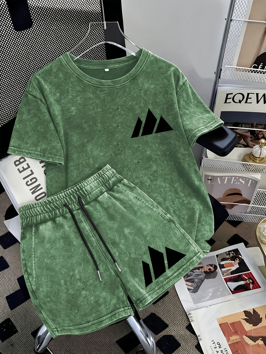 Summer Trendy Distressed Washed Short Sleeve Shorts Drawstring Women's Set, Minimalist Mountain Peak Line Drawing Print, Minimalist Outdoor Style, Artistic and Fresh Style, Forest-Inspired Natural Style, Comfortable for Hot Weather - Green 2