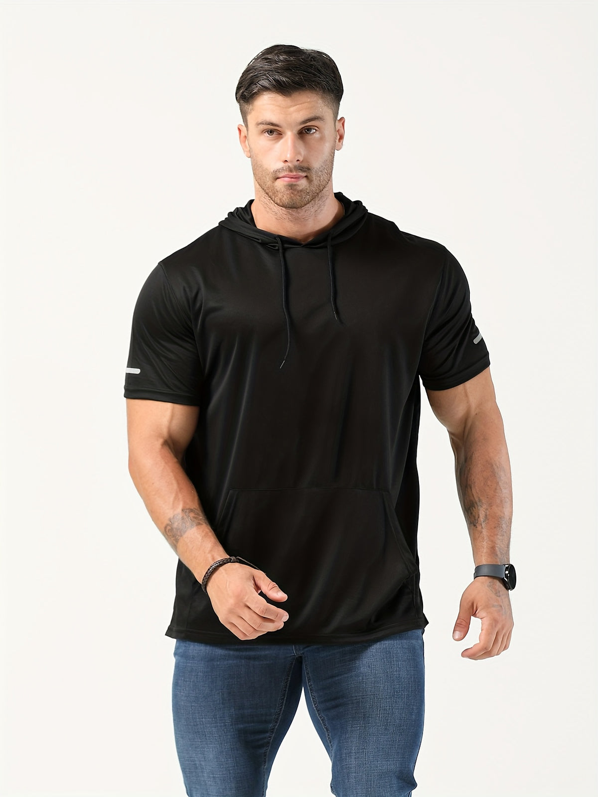 A Set of Four Men'S Regular Solid Color Hoodies, Casual And Breathable with Drawstring Short Sleeves - Black, Army Green, Gray, Navy Blue