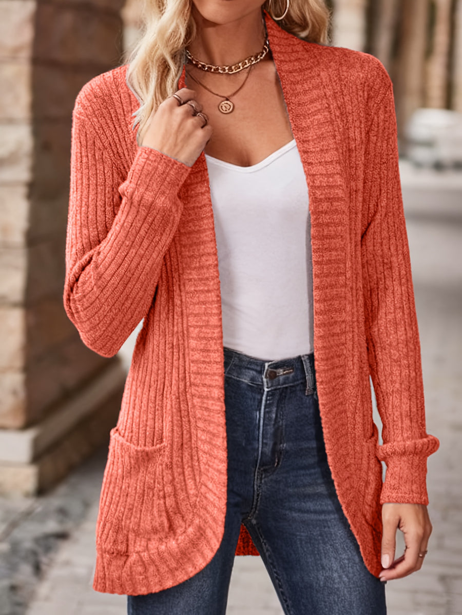 Women's Solid Color Brushed Casual Spliced Long Sleeve Cardigan - Orange-Red