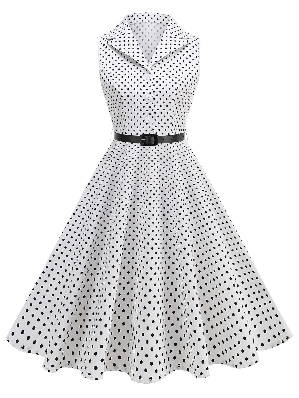 Vintage-style Polka Dot Waist-cinching Sleeveless Flared Bridesmaid Dress - White